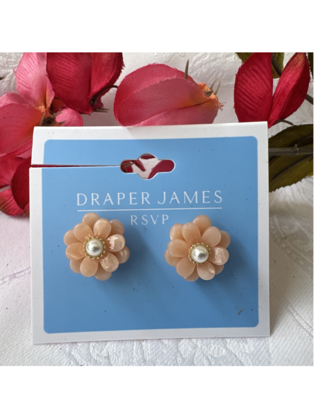Draper James Dainty Small Floral Earrings Pink Peach Pearl GoldTone Flowers NEW